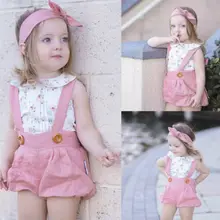 Модные милые топы с цветочным принтом для маленьких девочек, комбинезон, короткие штаны, повязка на голову, летний комплект