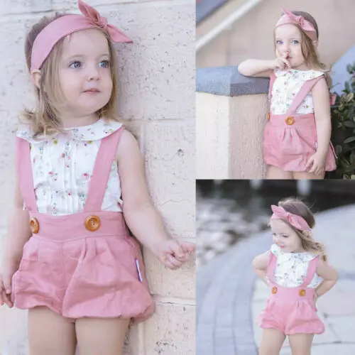 

Fashion Cute Infant Kid Baby Girl Floral Tops Overall Short Pants Headband Outfits Summer Set