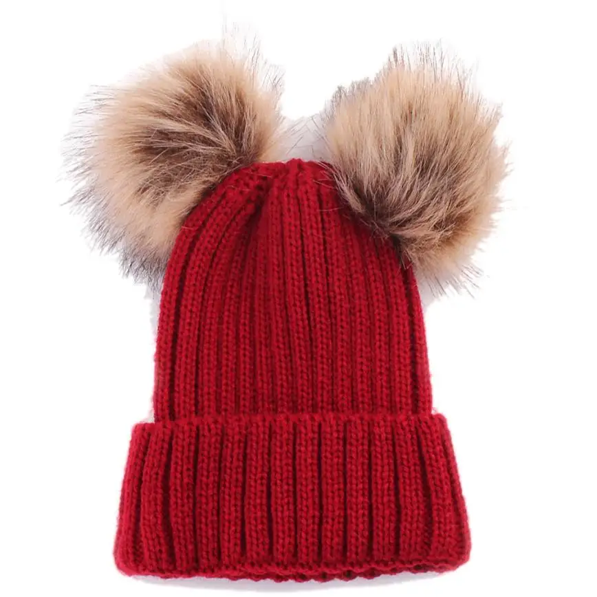 Вязаная шапка женская зима милые Меховые помпоны с двойным шариком осенние женские шапки Скалли бини женские шапки женские кепки - Цвет: Red