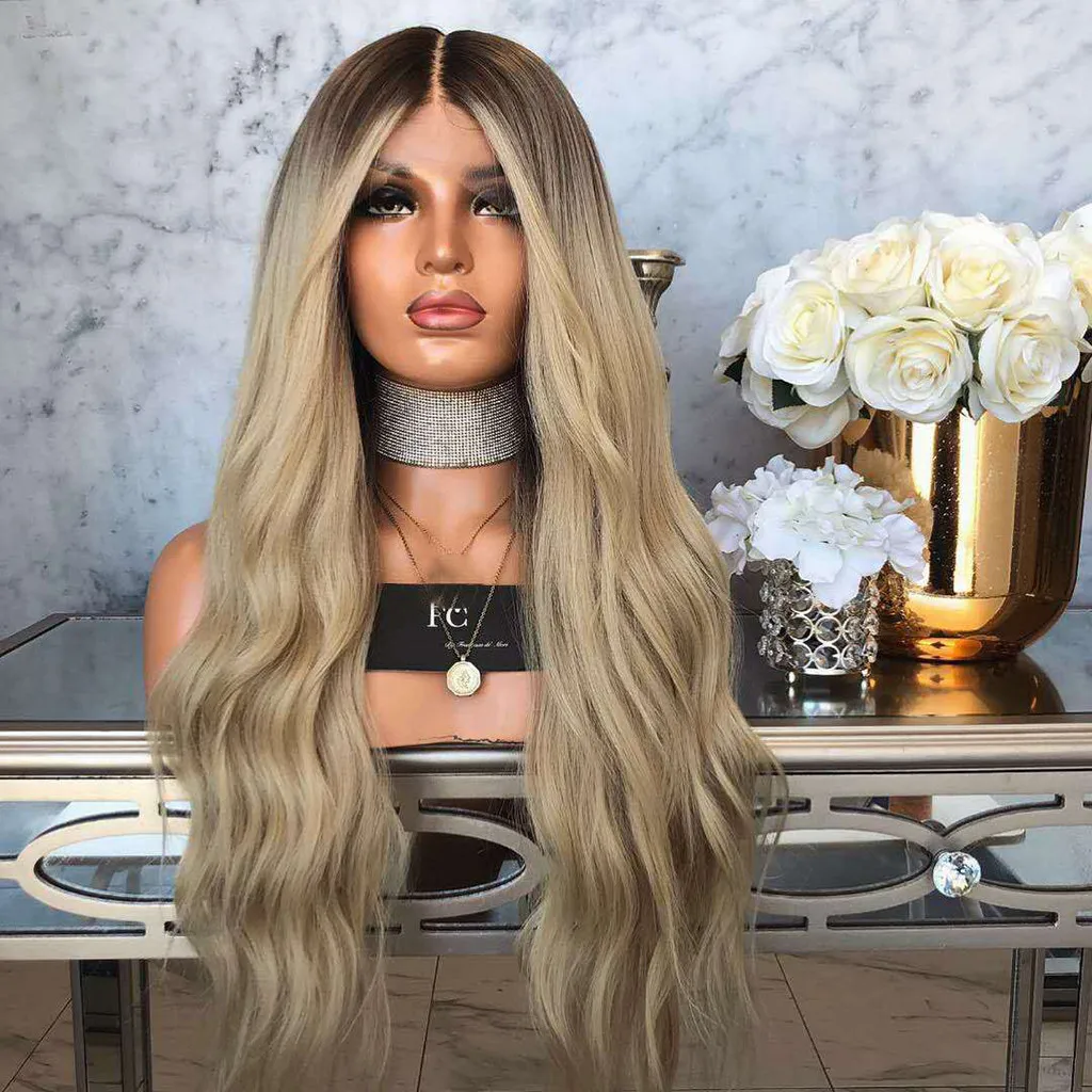 

Factory price 1pc Women Fashion Lady Gray Girl Long Wave Curly Front lace Wig High Temperature Silk Wigs Stand Mar14