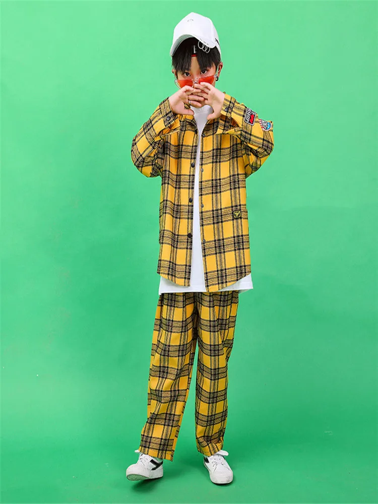 2019 New Children Hip-hop Street Dance Performance Costume Autumn Boys Girls Loose Jazz Dance Show Yellow Plaid Shirt Pants Set (2)