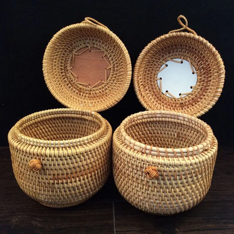 Handmade Vietnam Autumn Rattan weaving round tea tin cans canister storage rattan boxes with lids candy Pu 'er tea box storage