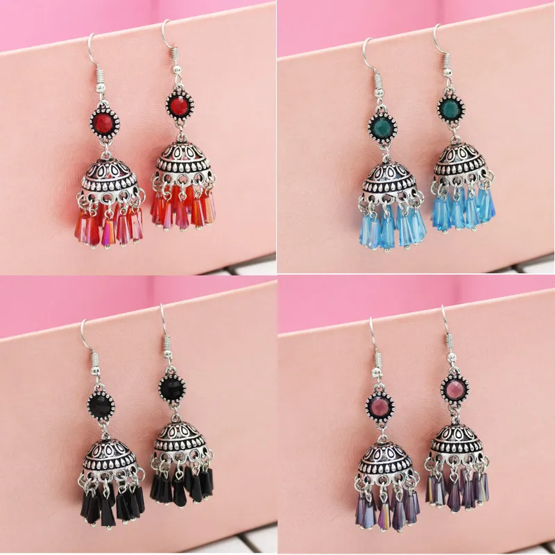 

Tibetan Ethnic Colorful Resin Bead Tassel Fringe Earrings For Women Wedding Bride Indian/Gypsy/Middle East Palace Hindu Earrings