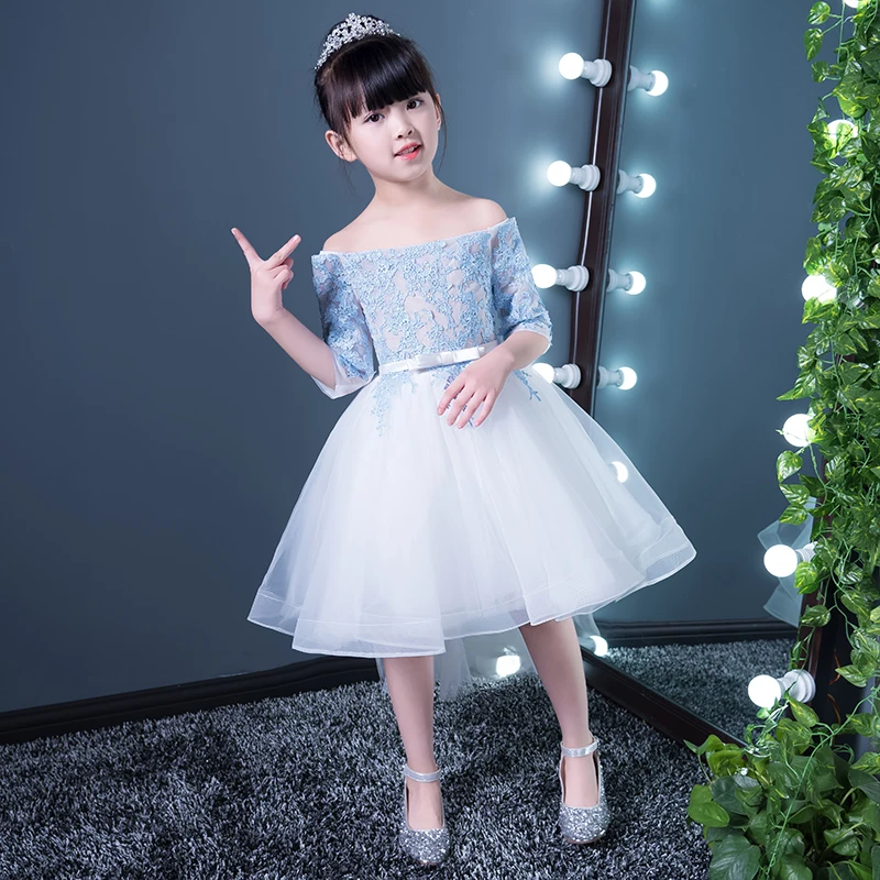 

Lovely Princess Dress Lace Ball Gown Trails Girl Gowns Short Front Long Back Kids Pageant Gown First Communion Dresses E290