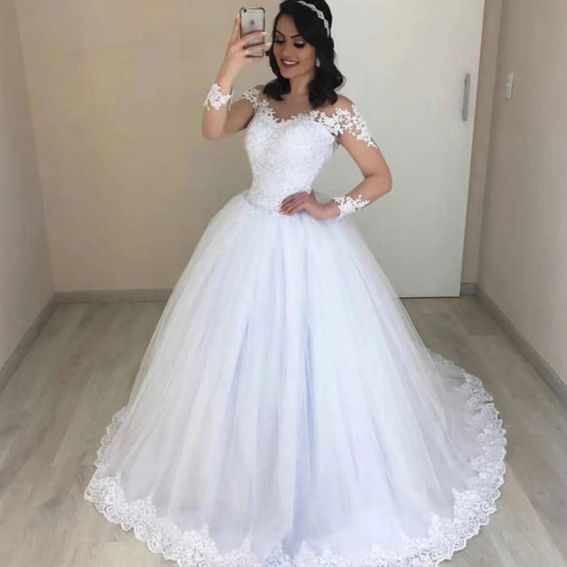 

Elegant Wedding Dresses White ivory Lace Applique Long sleeves Fluffy princess Lace-Up Dress Bride Wedding Dresses