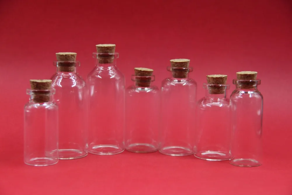 

100pcs/lot 12ml 15ml 20ml 23ml 25ml 30ml 35ml 50ml Glass Bottles Sample Jars with Cork Storage Bottles Craft Wedding Decoration