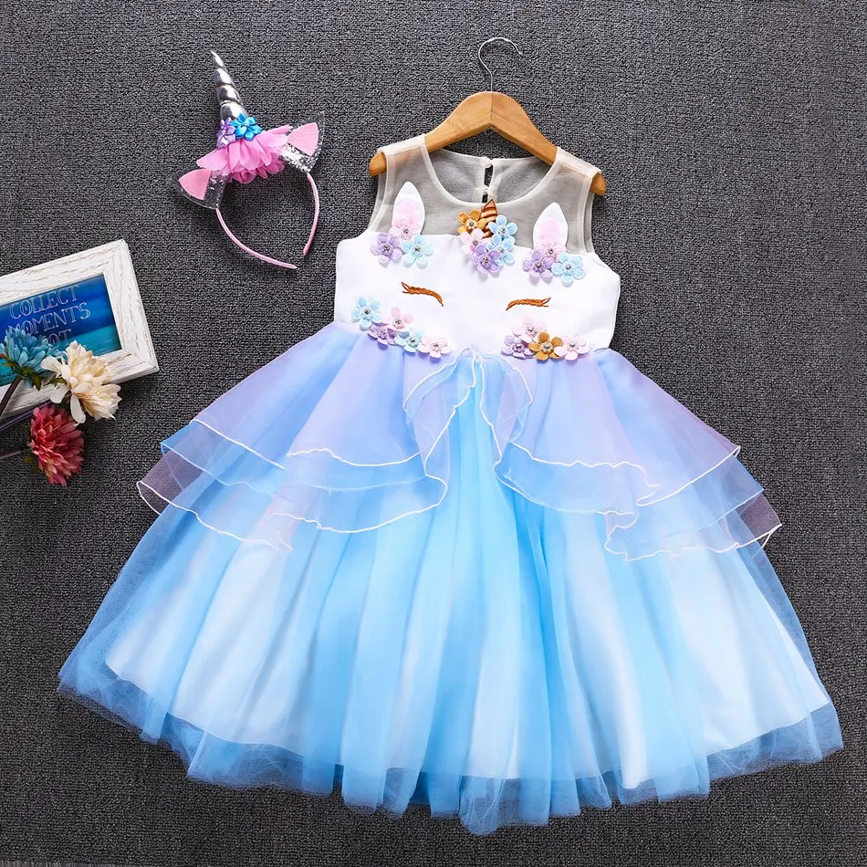 VOGUEON/костюм принцессы с единорогом для девочек; Свадебное бальное платье с цветочным узором для девочек; детское платье-пачка без рукавов с вышивкой для дня рождения