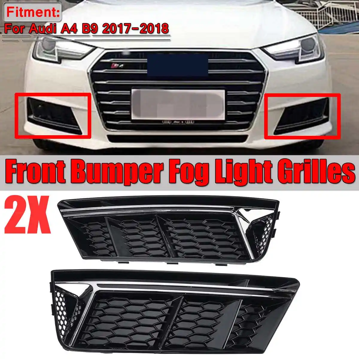 

A4 B9 2x Car Front Bumper Fog Light Grille Grill For Audi A4 B9 2017 2018 Fog Light Lamp Cover Honeycomb Mesh Hex Side Grille