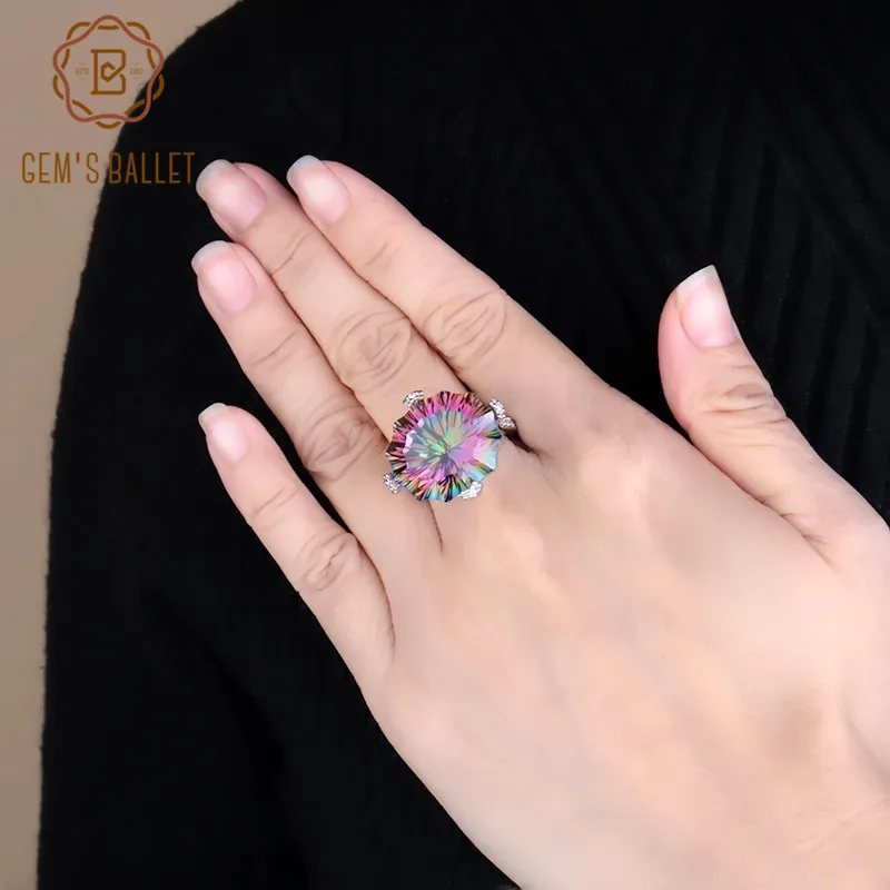 GEM'S BALLET Natural Rainbow Mystic Quartz Cocktail Ring 925 Sterling Silver Irregular Gig Gemstone Rings Fine Jewelry for Women GEM'S BALLET Natural Rainbow Mystic Quartz Cocktail Ring 925 Sterling Silver Irregular Gig Gemstone Rings Fine Jewelry for Women
