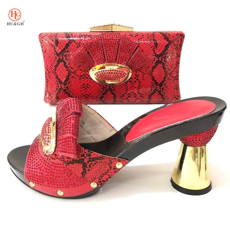 

2018 New Red Color Women Shoes and Bag Set Decorated with Rhinestone African Wedding Shoes and Bag Set Party Shoes and Bag Sets