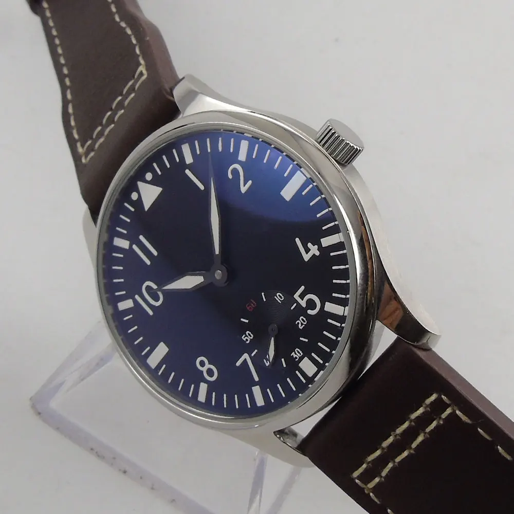 

New Design 44mm parnis Black Dial 2018 Top Brand Luxury Leather strap 6498 Hands Winding Mechanical men's Watch