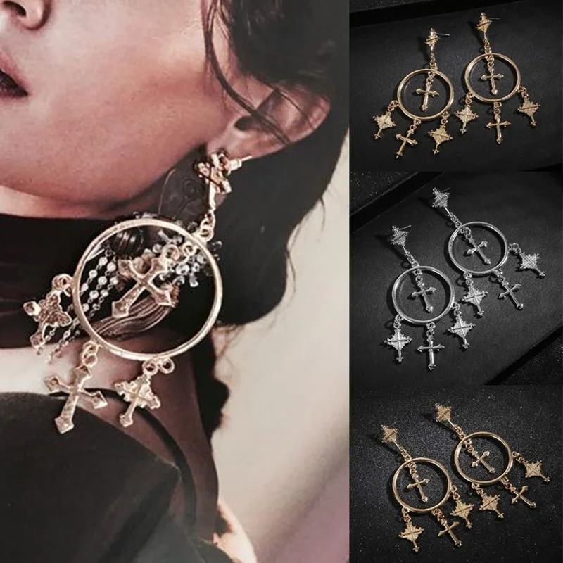 Fashion Jewelry Retro Exaggerated Wind Ear Ornament Alloy Carving Cross Tassel Earrings Oorbellen Earrings For Women