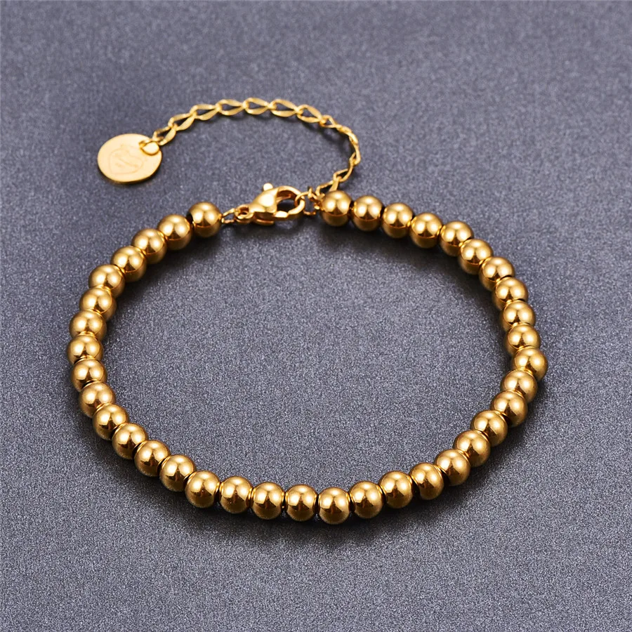 

Martick Top Quality Polished Gold Color 4MM Steel Boll Prayer Beads Charm Bracelets For Women Fashion Jewelry B223