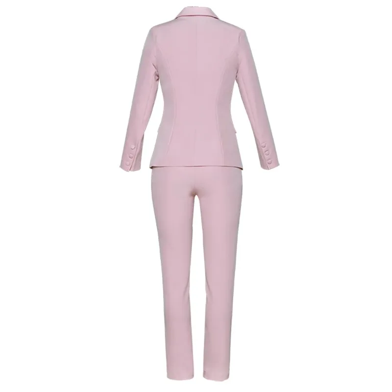2018 Spring New Show Style Fashion Pink Elegant Slim Fit Polyester Full Sleeve Double Breasted Notched 2 Pieces Pants Set