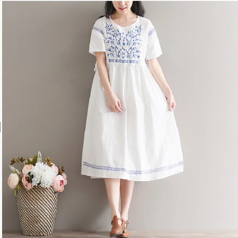 Женское свободное платье на лето,винтажное платье с цветочной вышивкой,хлопковое льняное плотно миди платье,с завязками и коротким рукавом,белого цвета