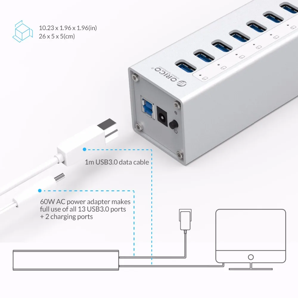 ORICO A3H13P2-SV алюминий 13 портов мульти USB3.0 концентратор сплиттер с 2 зарядными портами 5V2. 4A супер зарядное устройство/5V1A Универсальный Серебряный