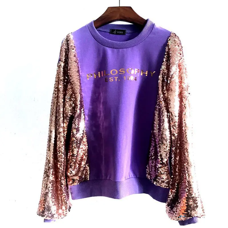 

Fashion Streetwear Letter Sequins Lantern Sleeve Sweatshirt Women Casual Hoodies Pullover Top