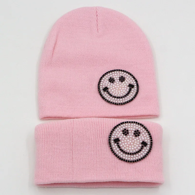 Fashion 2pcs Kids Hat Scarf set Kawaii Beanie Cotton Children Winter Hats little Boys Girls Kids Smile Hats Scarf Sets