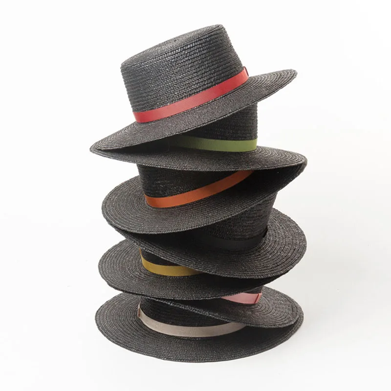 

Wholesale Black Women Beach Hat Ribbon Band Boater Hat Wide Brim Summer Sun Beach Hats Wheat Straw Cap Kentucky Derby Hat
