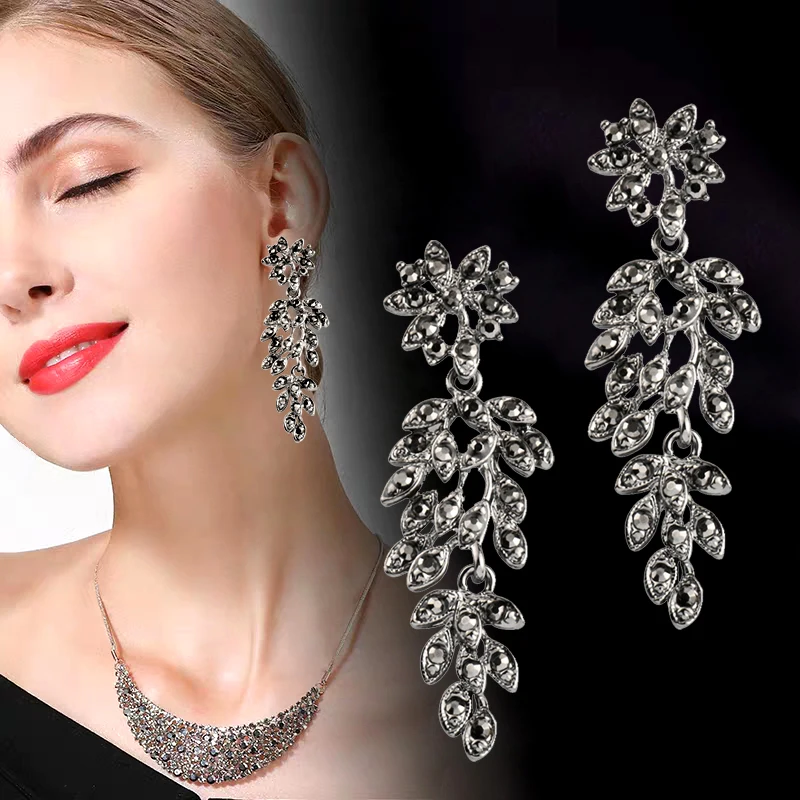 

SINLEERY Luxury Sparkling Cubic Zirconia Hollow Leaf Drop Earrings Women Gold Silver Black Color Earring Party Jewelry ES073 SSC