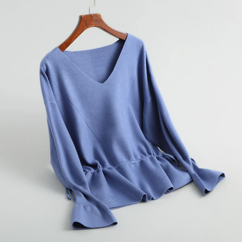Women sweater loose style knitted solid color casual drawstring sweater design V-neck trumpet sleeve sweater