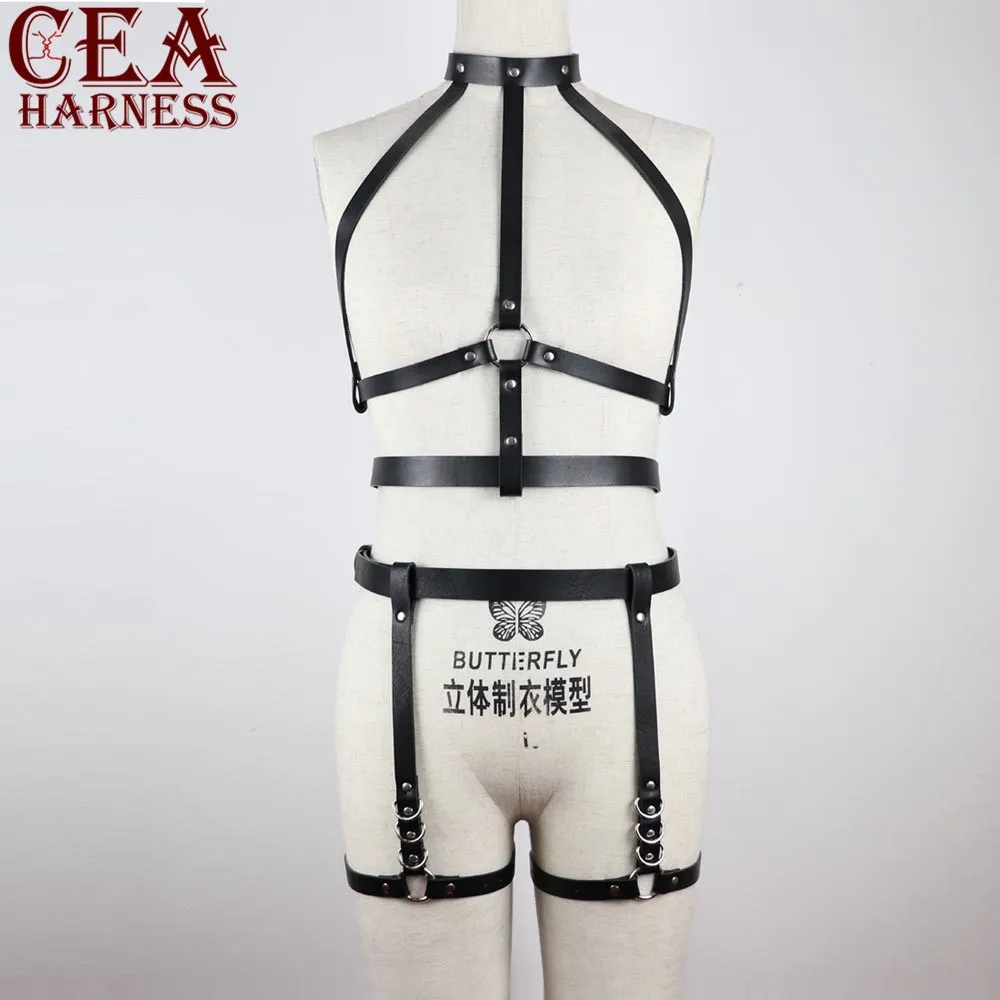 

CEA.HARNESS 2pcs Set Fashion Faux Leather Harness Sexy Leather Garters Belts Punk Body Cage Nightwear Dance Bondage Belts New