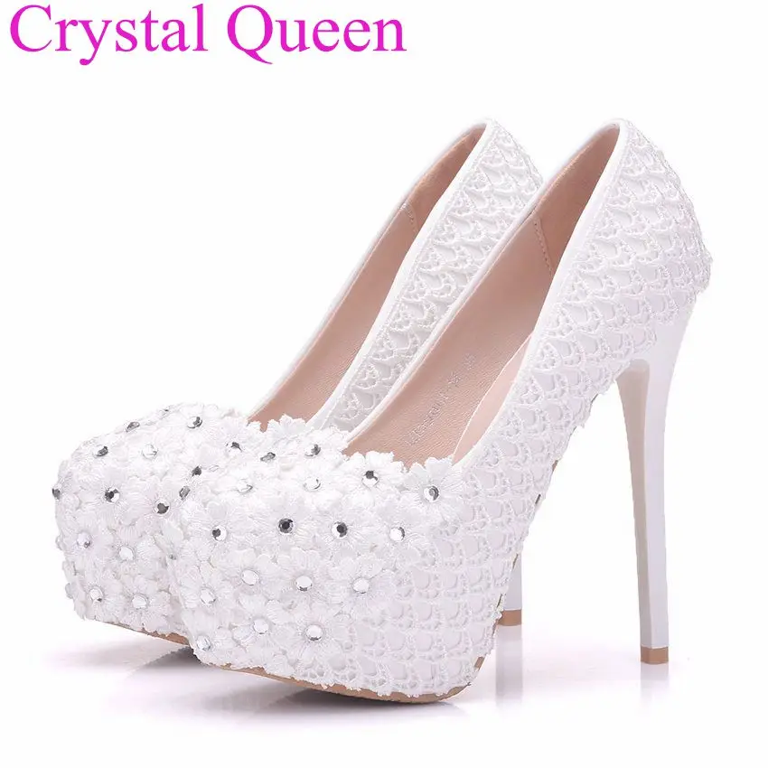 Crystal Queen white lace wedding shoes pumps 14cm heel plus size thin