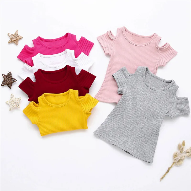 Однотонная футболка для маленьких девочек летние модные мягкие топы с короткими рукавами и открытыми плечами для маленьких детей от 6 до 24 месяцев, A20