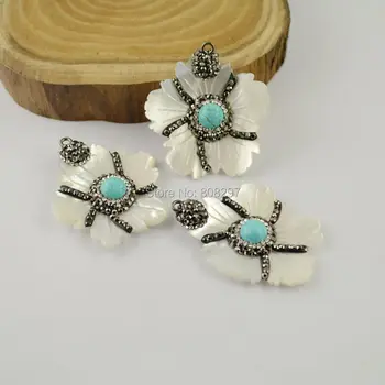 

Flower Shape 6pcs Pave Rhinestone With Stone Shell Pendants