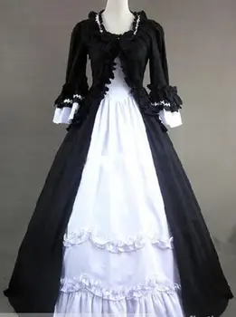

2015 New Cotton/Rayon Black And White Long Sleeve Gothic Victorian Dress Floor Length Vintage Party Dress