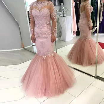

Pink Muslim Evening Dresses Sexy Mermaid Long Sleeves Tulle Lace Beaded Islamic Dubai Saudi Arabic Long Evening Gown Prom Dress