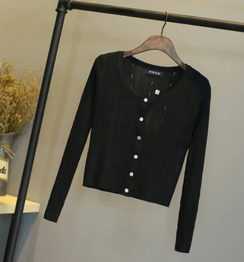 Женский корейский осенний свитер кардиган женский тонкий приталенный круглый вырез короткий параграф кардиган пальто - Цвет: Black