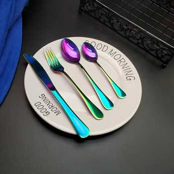 

Hot Sale 4pcs Rainbow Dinnerware Kitchen Stainless steel Knife Fork Tablespoon Food Tableware Flatware Cutlery Set Drop Shipping