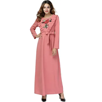 

Moroccan Kaftan Muslim Long Dress with Embroidery Floral Autumn O Neck Ankle Length Casual Pretty Female Plus Size 7432