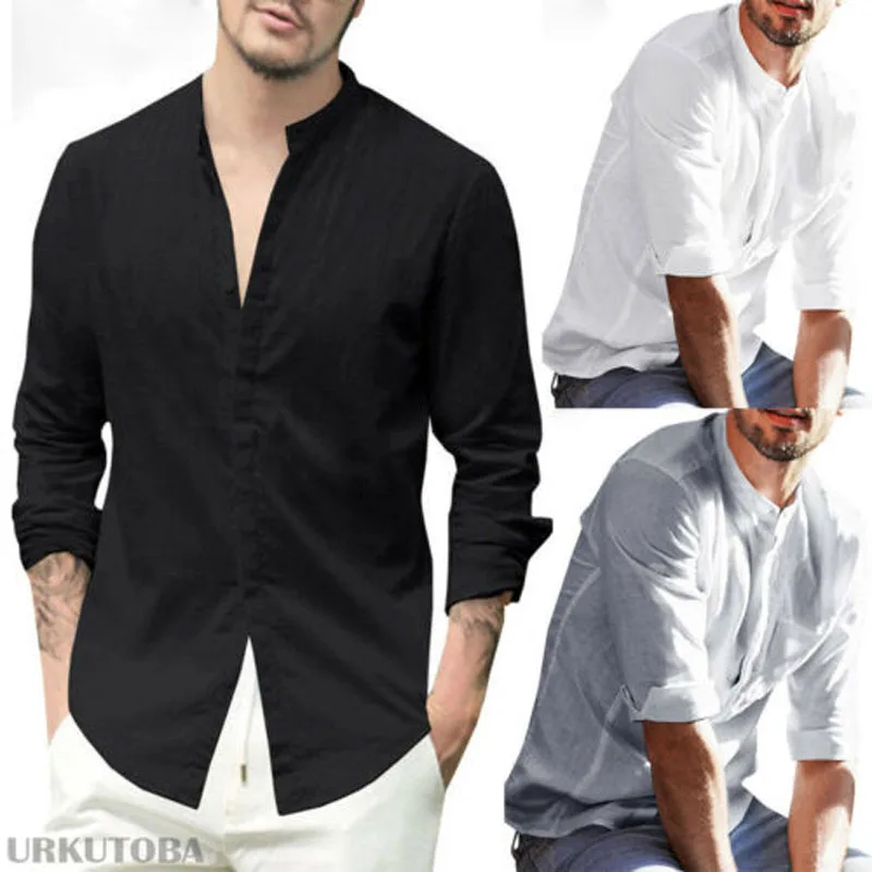 

2019 New Brand Fashion Summer Men's Linen Long Sleeve And Simple V-neck Shirt Loose Casual Shirts Tops New