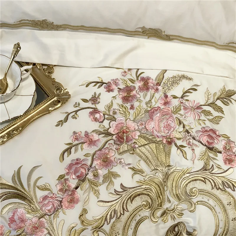 Sale Champagne Blue White Luxury Royal Embroidery 100S Egyptian Cotton Palace Bedding Set Duvet Cover Bed sheet/Linen Pillowcases 66