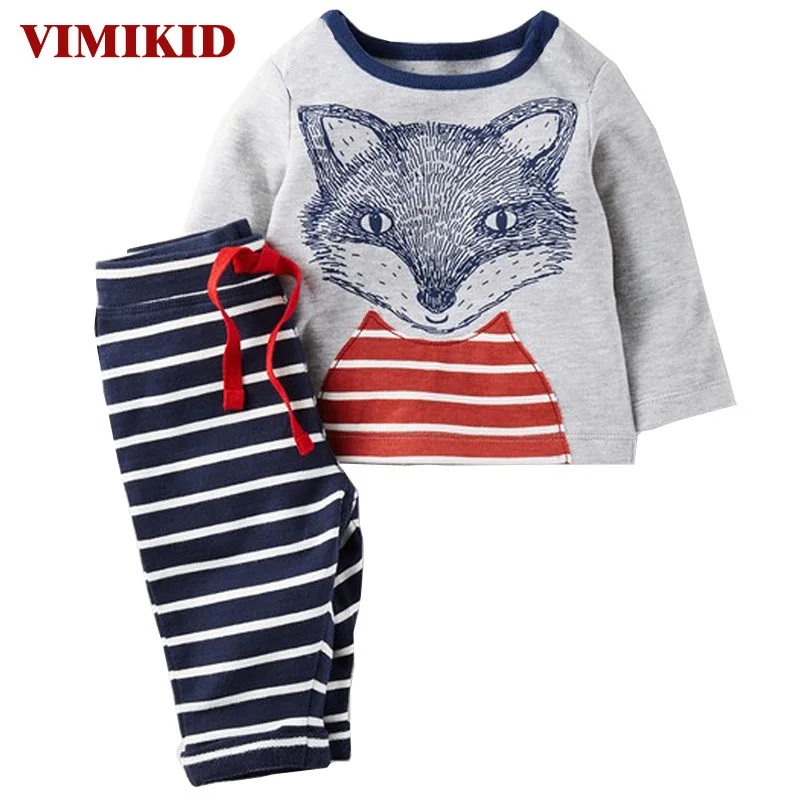 

VIMIKID Boy Clothing Set Autumn Long-sleeved O-Neck Cartoon Image Cotton Shirt+Striped Casual Pants Children's Clothes Suit k1