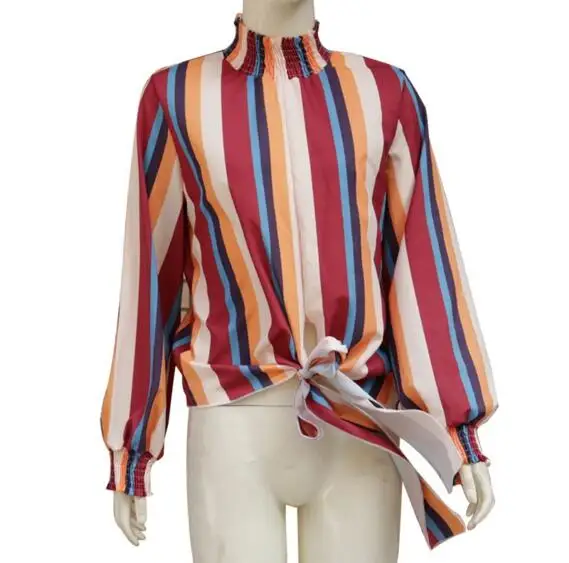 2019 New Fashion Women Stand Collar Stripe Printing Bandage Long Sleeves Tops Bluses korean style