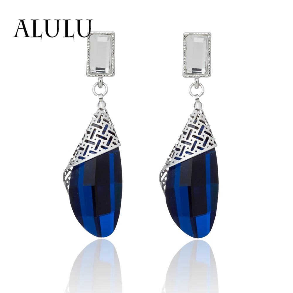

ALULU 2017 Blue Crystal Woman Drop Earrings Silver Plated Dangle Earring Fashion Jewelry For Women Christmas Gifts