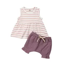Повседневные новорожденных для маленьких девочек без рукавов длинная рубашка в полоску топы детские шорты шаровары комплекты из 2 предметов комплект летней одежды
