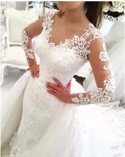 Vestido de noiva кружевное свадебное платье русалки со съемной юбкой с открытой спиной и длинным рукавом, свадебные платья из Саудовской Аравии, Дубай