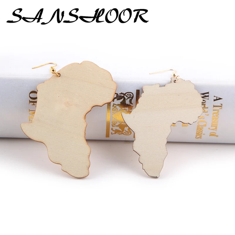 

SANSHOOR 2 Sizes Raw Wooden Earrings Handmade Afro Motherland Map With Gold Hooks For Painting Art African Women Gift 6Pairs/lot