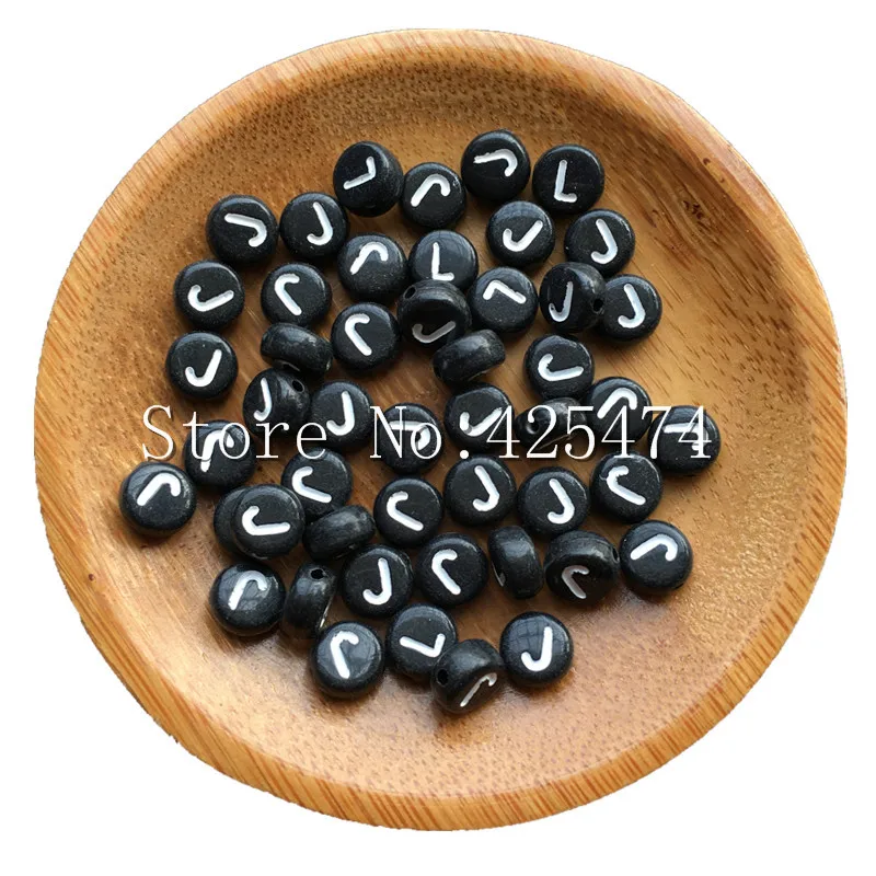 White Initial J Printing Black Letter Beads 3600PCS 4*7MM Flat Round