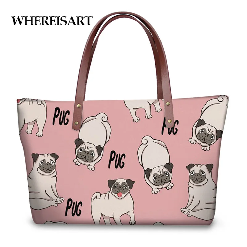 

WHEREISART Pink Handbags Women Cute Pug Luxury Tote Bags Fashion Ladies Space Dog Shoulder Bag Leisure Travel Bolsa Feminina