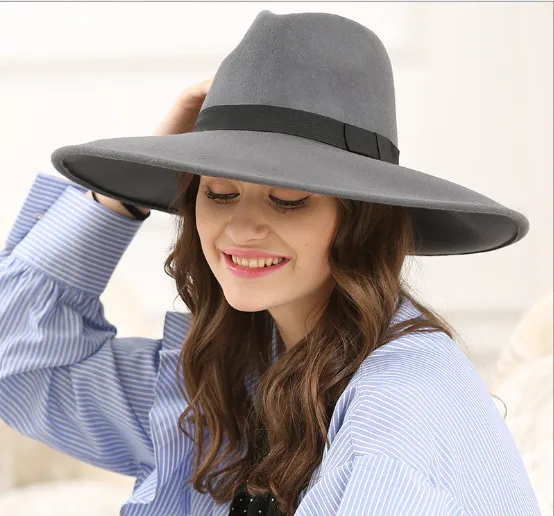 Супер большая шляпа-федора с жесткими полями черного цвета и цвета хаки, Женская джазовая шляпа с бантом, австралийская шерстяная фетровая Повседневная зимняя шляпа-федора Mujeres Sombrero - Цвет: Grey