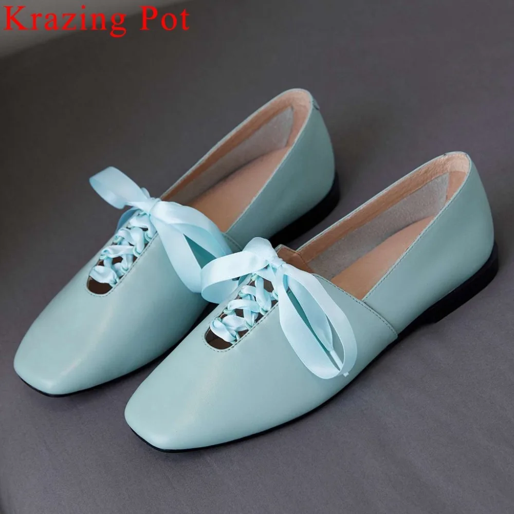 

2019 Hand-sewn leather loafers natural leather driving shoes sweet suqare toe gorgeous riband lace up grandma driving shoes L95