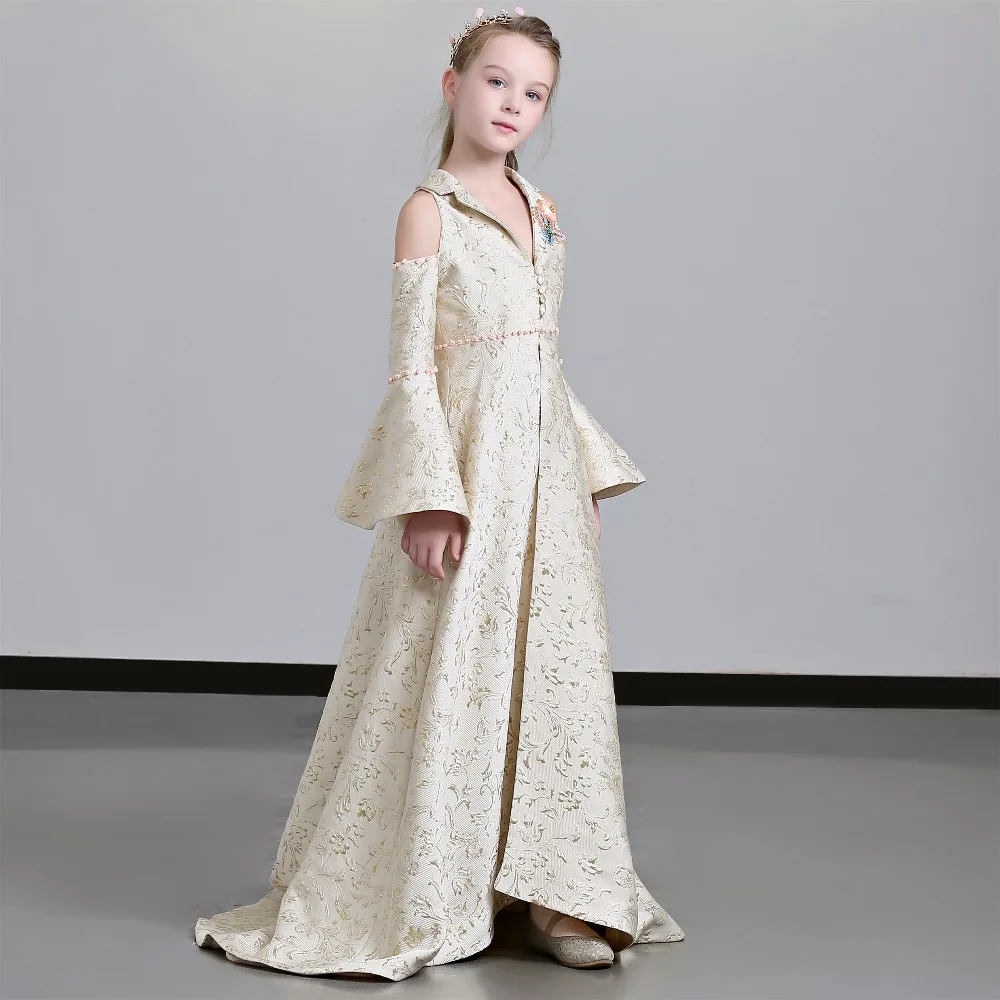 

Marfoli V-Neck Girls Princess Host Dresses For Prom Catwalk Dress with train Wedding Girls First Communion Dress Model Costumes