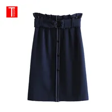 Винтажная контрастная верхняя строчка бумажная сумка поясная юбка для женщин модная пуговица с поясом сзади молния юбки Повседневные Faldas Mujer