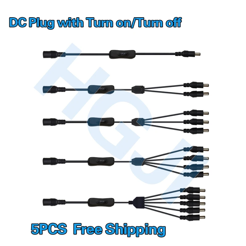 

5PCS DC Power Connection Cable with switch Extension Cord DC 1 Female to 1 2 3 4 5 Male connector with switch Power Cable