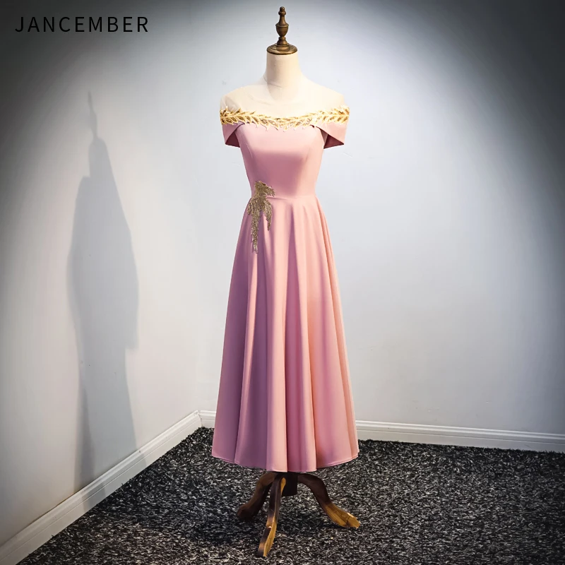 JANCEMBER 2019 Latest Light Luxury Bridesmaid Dress Cap Sleeve Lace Up Back Illusion O Neck Sequins Applique brides maid dresses